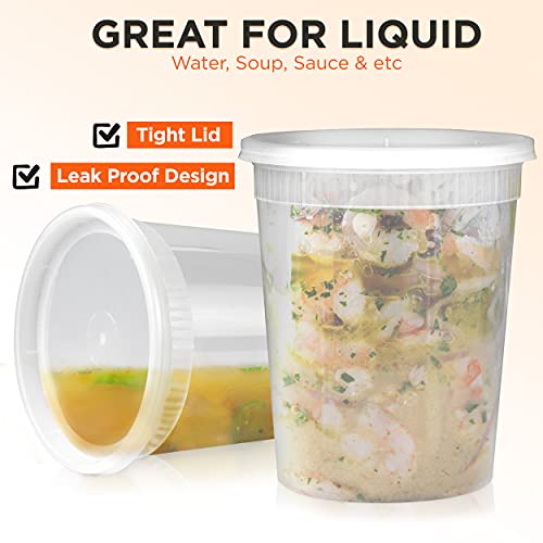 [24 Pack] Food Storage Containers with Lids, Round Plastic Deli Cups, US Made, 32 oz, Quart Size, Leak Proof, Airtight, Microwave & Dishwasher Safe, Stackable, Reusable, White