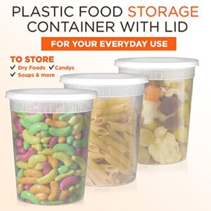 [24 Pack] Food Storage Containers with Lids, Round Plastic Deli Cups, US Made, 32 oz, Quart Size, Leak Proof, Airtight, Microwave & Dishwasher Safe, Stackable, Reusable, White