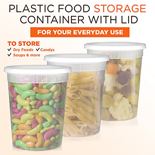 [24 Pack] Food Storage Containers with Lids, Round Plastic Deli Cups, US Made, 32 oz, Quart Size, Leak Proof, Airtight, Microwave & Dishwasher Safe, Stackable, Reusable, White