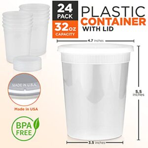 [24 Pack] Food Storage Containers with Lids, Round Plastic Deli Cups, US Made, 32 oz, Quart Size, Leak Proof, Airtight, Microwave & Dishwasher Safe, Stackable, Reusable, White