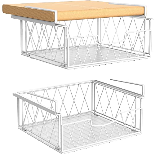 Under Shelf Basket, Bextsrack 2 PACK Sliding Wire Rack with Plastic Pad for Hanging Storage Basket, Under Cabinet Organizer for Kitchen Pantry Desk Bookshelf - White