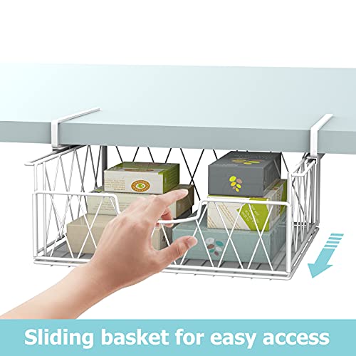 Under Shelf Basket, Bextsrack 2 PACK Sliding Wire Rack with Plastic Pad for Hanging Storage Basket, Under Cabinet Organizer for Kitchen Pantry Desk Bookshelf - White