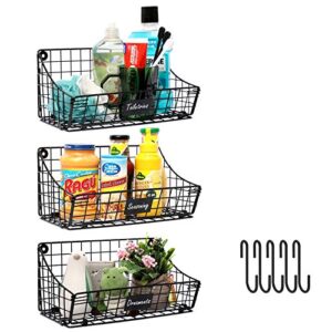 x-cosrack wall basket hanging basket storage with 5 s hooks 3 label -3pack, cabinet wall hanging metal wire baskets for organizing, extra large storage organization shelf for pantry kitchen bathroom