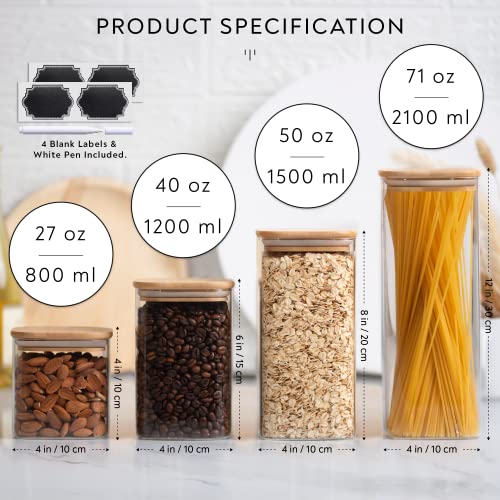 Laramaid 40oz 4Packs Glass Jars Set, Square Pantry Jars with Bamboo Lids, Black Labels and White Pen, Food Storage Containers for Home, Kitchen and Pantry