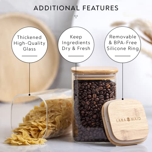 Laramaid 40oz 4Packs Glass Jars Set, Square Pantry Jars with Bamboo Lids, Black Labels and White Pen, Food Storage Containers for Home, Kitchen and Pantry