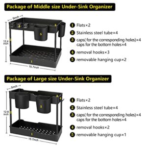 WAKISA 2 Pack Under Sink Organizer, 2 Tier Under Sink Organizers and Storage Kitchen Cabinet Sink Organizer Shelf Rack with 4 Hanging Cups and 5 Hooks for Bathroom Kitchen Office Home Storage