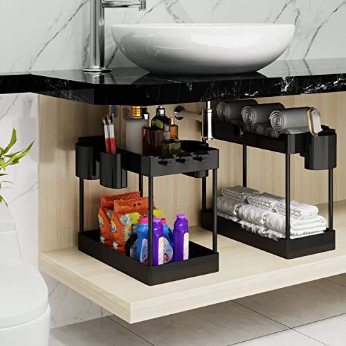 WAKISA 2 Pack Under Sink Organizer, 2 Tier Under Sink Organizers and Storage Kitchen Cabinet Sink Organizer Shelf Rack with 4 Hanging Cups and 5 Hooks for Bathroom Kitchen Office Home Storage