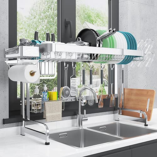 LIVOD Over The Sink Dish Drying Rack, 2 Tier Over Sink Dish Drying Rack Width Adjustable(25.6-37.6in), Durable Stainless Steel Dish Rack Over Sink Organizer, Space Saving Kitchen Sink Drying Rack