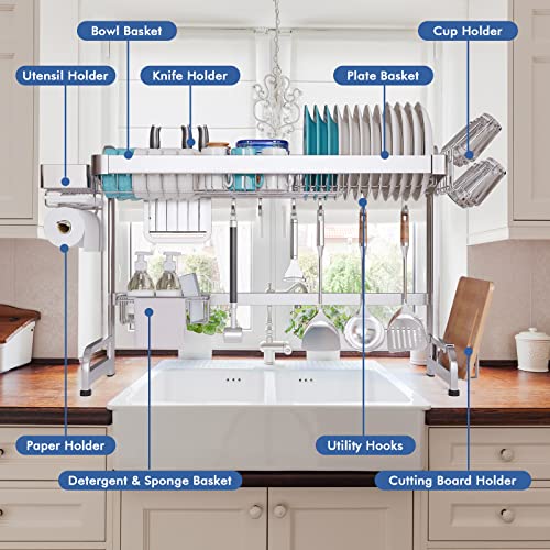 LIVOD Over The Sink Dish Drying Rack, 2 Tier Over Sink Dish Drying Rack Width Adjustable(25.6-37.6in), Durable Stainless Steel Dish Rack Over Sink Organizer, Space Saving Kitchen Sink Drying Rack