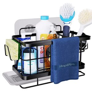 hapirm kitchen sink caddy with adjustable partitions, sus304 stainless steel kitchen sponge holder with drain tray, wall mounted and countertop dual-use kitchen sink organizer for kitchen-black