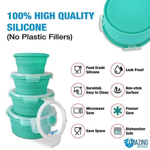 Silicone Collapsible Food Storage Container with Airtight Lid and Air Vent 4 Pack Foldable Meal Prep Round Lunch Box for Kitchen,Stackable, Space Saving,Microwave,Dishwasher and Freezer Safe (Blue)