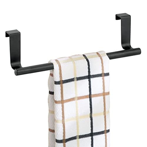 mDesign Metal Over Kitchen Cabinet Door Towel Bar Holder for Hand, Dish, and Tea Towel Rack - Over the Door Towel Bar - Hang Inside or Outside Doors - Kitchen Organizer - Omni Collection - Matte Black