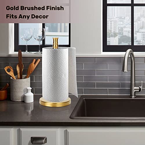 Gold Paper Towel Holder Stand Countertop with Heavy Weighted Stainless Steel Base, Free Standing Paper Towel Holder (Gold Brushed)