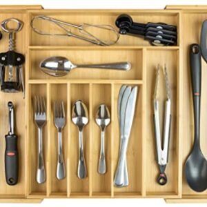 KitchenEdge Premium Silverware, Flatware and Utensil Organizer for Kitchen Drawers, Expandable to 25 Inches Wide, 10 Compartments, 100% Bamboo