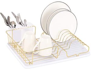 buruis dish drying rack, gold dish drainer organizer includes removable drain board and utensil holder, large capacity metal dish racks for kitchen (white)