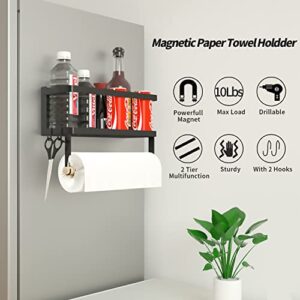 Magnetic Paper Towel Holder for Refrigerator, Magnetic Spice Rack,Magnetic Shelf for Stove,Wall Mount Towel Rack with Hooks,Refrigerator Organizer for Kitchen (Black)