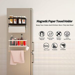 Magnetic Paper Towel Holder for Refrigerator, Magnetic Spice Rack,Magnetic Shelf for Stove,Wall Mount Towel Rack with Hooks,Refrigerator Organizer for Kitchen (Black)