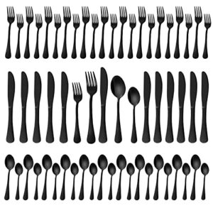 60 pieces black silverware set for 12, compralo stainless steel shiny black flatware set, cutlery utensil sets include knife fork spoon set for home restaurant, mirror finish, dishwasher safe