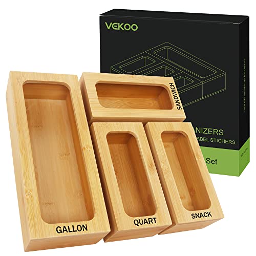 Vekoo Ziplock Bag Storage Organizer,Bamboo Drawer Organizer for Kitchen,Plastic Bag Organizer,Food Storage Bag Organizer Holder for Gallon,Quart,Sandwich and Snack Various Sizes (Pack of 4)