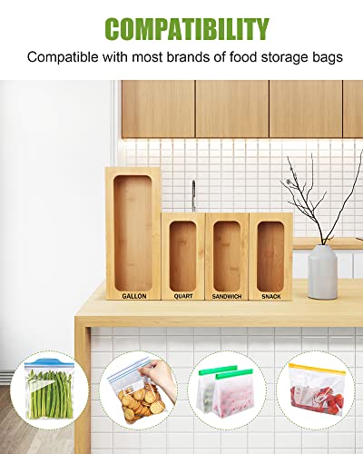 Vekoo Ziplock Bag Storage Organizer,Bamboo Drawer Organizer for Kitchen,Plastic Bag Organizer,Food Storage Bag Organizer Holder for Gallon,Quart,Sandwich and Snack Various Sizes (Pack of 4)