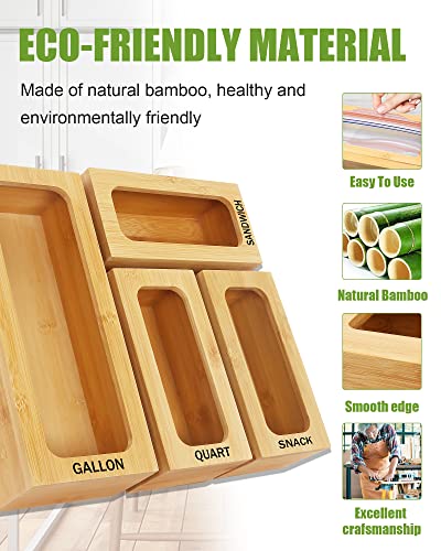 Vekoo Ziplock Bag Storage Organizer,Bamboo Drawer Organizer for Kitchen,Plastic Bag Organizer,Food Storage Bag Organizer Holder for Gallon,Quart,Sandwich and Snack Various Sizes (Pack of 4)