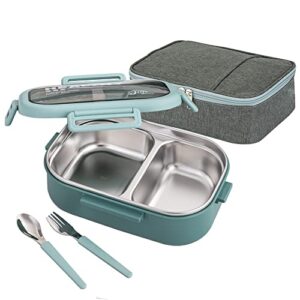 lille home 28oz stainless steel leakproof 2-compartment bento lunch box/portion control food container with lunch bag and cutlery set, bpa free (green)