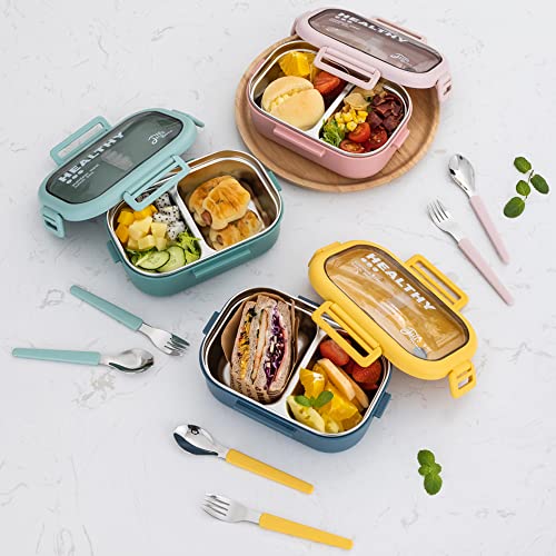 Lille Home 28oz Stainless Steel Leakproof 2-Compartment Bento Lunch Box/Portion Control Food Container with Lunch Bag and Cutlery Set, BPA Free (Green)