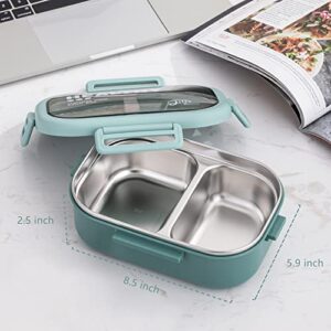 Lille Home 28oz Stainless Steel Leakproof 2-Compartment Bento Lunch Box/Portion Control Food Container with Lunch Bag and Cutlery Set, BPA Free (Green)