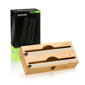 JIAFUEO Foil and Plastic Wrap Organizer, 2 in 1 Plastic Wrap Dispenser with Cutter and Labels, Aluminum Foil Organization and Storage, Bamboo 12" Roll Organizers Holder for Kitchen Drawer