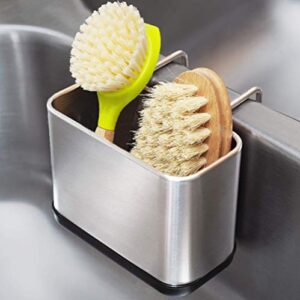 stainless steel sponge holder, sink caddy with brushed finish and re-usable hook design for kitchen, rust proof organizer for sponges, brushes, soap, accessories, utensils (regular)