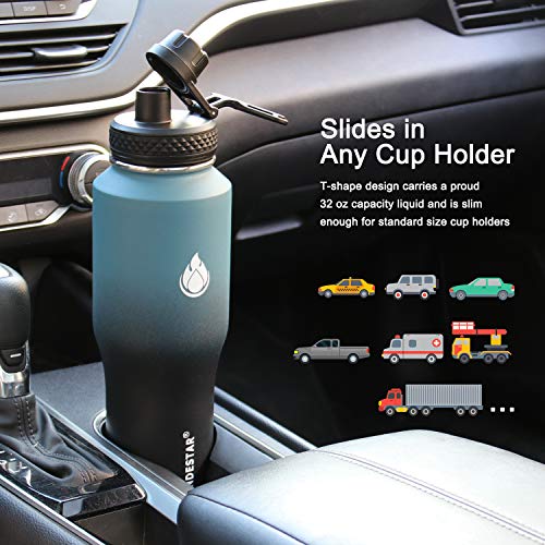 SENDESTAR Water Bottle 32oz,2 Lids(Straw lid),Wide Mouth Stainless Steel Vacuum Insulated Double Wall Keep Liquids Cold or Hot All Day,Sweat Proof Sport Design,Fit Car Cup Holder(Dark blue&Balck)