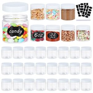 32pcs 6oz plastic jars with screw on lids, labels & a pen, round wide mouth clear storage containers for beauty products, diy slime, crafts making, spices, cereal or dry food storage (white cover)