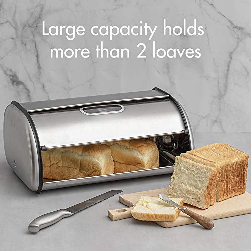 Deppon Bread Box for Kitchen Countertop, Extra Large Capacity Holds More Than 2 Loaves, Matte Stainless Steel Bread Storage Bin Container with Roll up Lid, Fingerprint Proof, 17.5 x 11 x 7.5 Inches