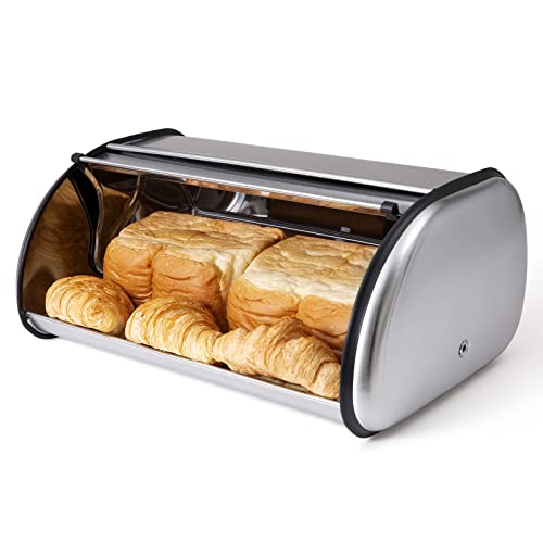 Deppon Bread Box for Kitchen Countertop, Extra Large Capacity Holds More Than 2 Loaves, Matte Stainless Steel Bread Storage Bin Container with Roll up Lid, Fingerprint Proof, 17.5 x 11 x 7.5 Inches