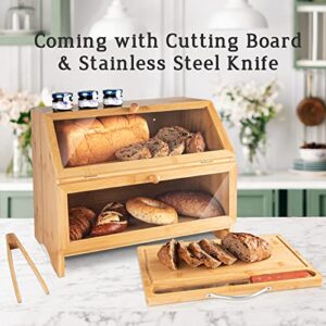 MAISONPEX Double Layer Large Bamboo Bread Box for Kitchen Countertop, Cutting Board, and Stainless Steel Bread Knife, Large Capacity Bread Storage Container with Clear Windows (Self-Assembly)