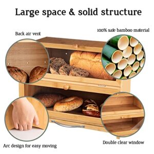 MAISONPEX Double Layer Large Bamboo Bread Box for Kitchen Countertop, Cutting Board, and Stainless Steel Bread Knife, Large Capacity Bread Storage Container with Clear Windows (Self-Assembly)