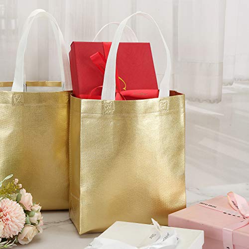 Tosnail 40 Pack 10 x 8 Inch Glossy Gold Reusable Grocery Bags Shopping Tote Bag with Handle Present Bag Gift Bag for Weddings, Birthdays, Party, Event - Gold