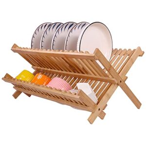 szuah bamboo dish drying rack, collapsible dish drainer, foldable dish rack bamboo plate rack, by 100% natural bamboo (17.8″ x 10.23″ x 9.25″) …