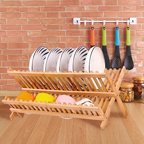 SZUAH Bamboo Dish Drying Rack, Collapsible Dish Drainer, Foldable Dish Rack Bamboo Plate Rack, by 100% Natural Bamboo (17.8" x 10.23" x 9.25") …