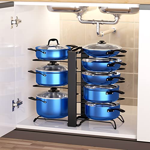 Bathmart Pots and Pans Organizer, 3 DIY Methods 8 Tier Pan Organizer Rack for Cabinet, Heavy Duty Pan Organizer Space Saving Pot Lid Organizer, Non-Slip Pot Rack for Kitchen Organization & Storage