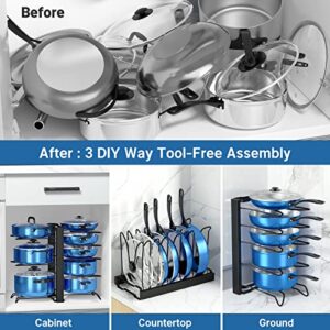 Bathmart Pots and Pans Organizer, 3 DIY Methods 8 Tier Pan Organizer Rack for Cabinet, Heavy Duty Pan Organizer Space Saving Pot Lid Organizer, Non-Slip Pot Rack for Kitchen Organization & Storage