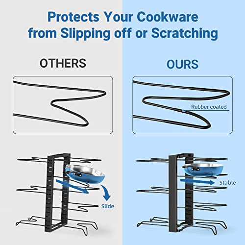 Bathmart Pots and Pans Organizer, 3 DIY Methods 8 Tier Pan Organizer Rack for Cabinet, Heavy Duty Pan Organizer Space Saving Pot Lid Organizer, Non-Slip Pot Rack for Kitchen Organization & Storage