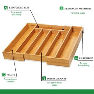 Kitchenaro Bamboo Expandable Kitchen Drawer Organizer – Kitchen Silverware Organizer Drawer Utensil Organizer Tray – 5 to 7 Compartments – Smooth Burr-Free Finish – Natural Wood Cutlery & Knife Holder