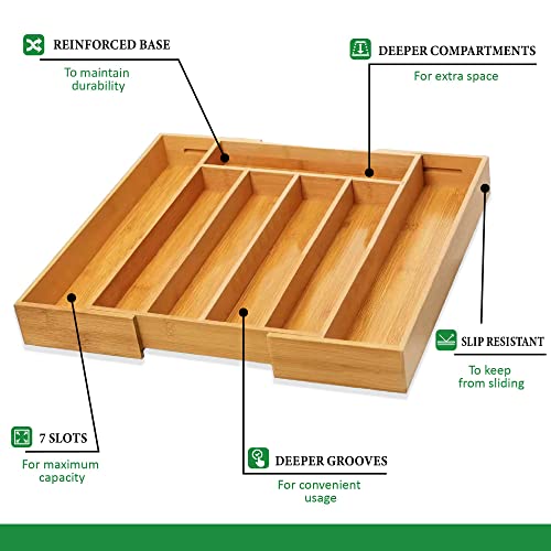 Kitchenaro Bamboo Expandable Kitchen Drawer Organizer – Kitchen Silverware Organizer Drawer Utensil Organizer Tray – 5 to 7 Compartments – Smooth Burr-Free Finish – Natural Wood Cutlery & Knife Holder