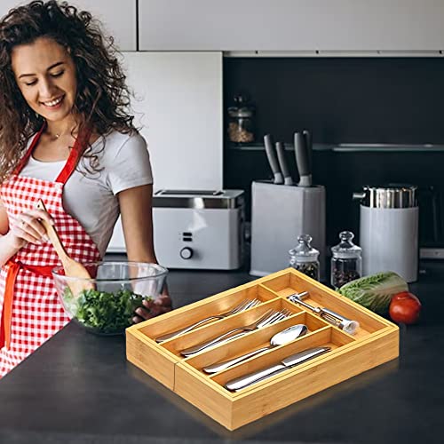 Kitchenaro Bamboo Expandable Kitchen Drawer Organizer – Kitchen Silverware Organizer Drawer Utensil Organizer Tray – 5 to 7 Compartments – Smooth Burr-Free Finish – Natural Wood Cutlery & Knife Holder