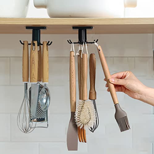 EigPluy 2pcs Under Cabinet Kitchen Utensil Hooks,360° Rotating Kitchen Utensil Rack,Drilling Free Adhesive Kitchen Utensils Hanging Rack for Kitchen Utensils/Tools/Towel/Knife(Black)