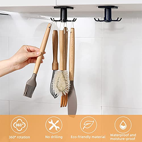 EigPluy 2pcs Under Cabinet Kitchen Utensil Hooks,360° Rotating Kitchen Utensil Rack,Drilling Free Adhesive Kitchen Utensils Hanging Rack for Kitchen Utensils/Tools/Towel/Knife(Black)