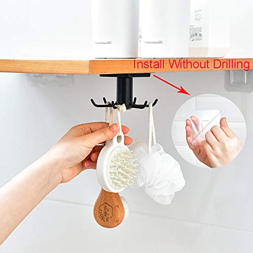 EigPluy 2pcs Under Cabinet Kitchen Utensil Hooks,360° Rotating Kitchen Utensil Rack,Drilling Free Adhesive Kitchen Utensils Hanging Rack for Kitchen Utensils/Tools/Towel/Knife(Black)