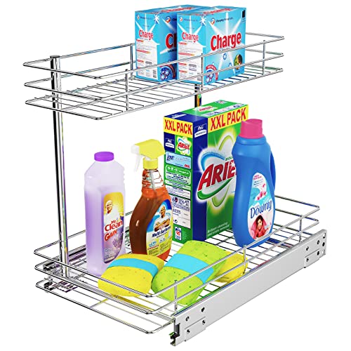 FANHAO Pull Out Cabinet Organizer, 2 Tier Wire Basket Under Sink Slide Out Storage Shelf with Sliding Drawer Storage - 10.43W x 17.32D x 14.56H, Request at Least 12 inch Cabinet Opening, Chrome