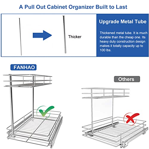 FANHAO Pull Out Cabinet Organizer, 2 Tier Wire Basket Under Sink Slide Out Storage Shelf with Sliding Drawer Storage - 10.43W x 17.32D x 14.56H, Request at Least 12 inch Cabinet Opening, Chrome